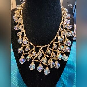 Vintage 1950’s Bib Dangle Drop AB Crystal NecklaceGOLDTONE